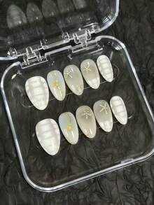 2026 Spring Summer Hot Selling Press On Nails, 10Pcs Long Almond Milky White Ocean Shell Fake Nails With Rhinestone Starfish Gold Line Bead, Minimal Vacation Reusable Handmade Nail Kit, Free Jelly Glue Tabs & Nail File - Follow Your Heart - View 1