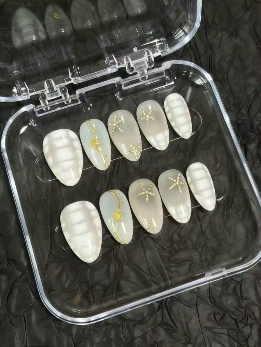 2026 Spring Summer Hot Selling Press On Nails, 10Pcs Long Almond Milky White Ocean Shell Fake Nails With Rhinestone Starfish Gold Line Bead, Minimal Vacation Reusable Handmade Nail Kit, Free Jelly Glue Tabs & Nail File - Follow Your Heart - View 1