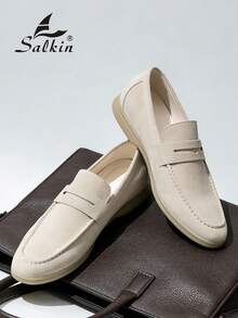 Salkin 复古设计师男士乐福鞋，软皮套脚鞋，绅士休闲鞋，舒适奢华，适合日常、商务、婚礼、约会、节日礼物、学生校园穿着。建议选大一码。 - 米色 - 查看 11