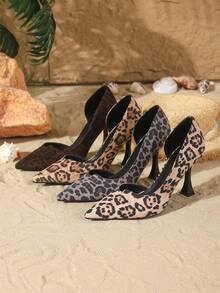 9cm Pointed Toe Slip-On Pumps, Elegant Stiletto High Heels, Sexy Leopard Print Fabric Material, Black Leopard Pattern, Fashionable & Versatile High Heels Suitable For Daily Wear, Party, Prom, Date - Brown and Black Leopard Print - View 6