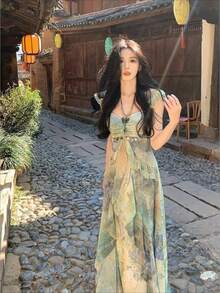 Seaside Holiday Wind Printing Light Green Smudge Gradual Change Printing V-Neck Waist Big Swing Chiffon Dress, Mori Fairy Wind, Seaside Photo Dress - 彩色 - 查看 8