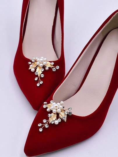 1pc Handmade Women's Shoe Buckle, Gold And Silver Contrasting Color, Faux Pearl Rhinestone Alloy Leaf Shoe Decoration, Shoe DIY Decoration, Wedding Shoes, Pointed Shoes, High Heels Accessories, Wedding Banquet Party Shoe Decoration, Souvenirs