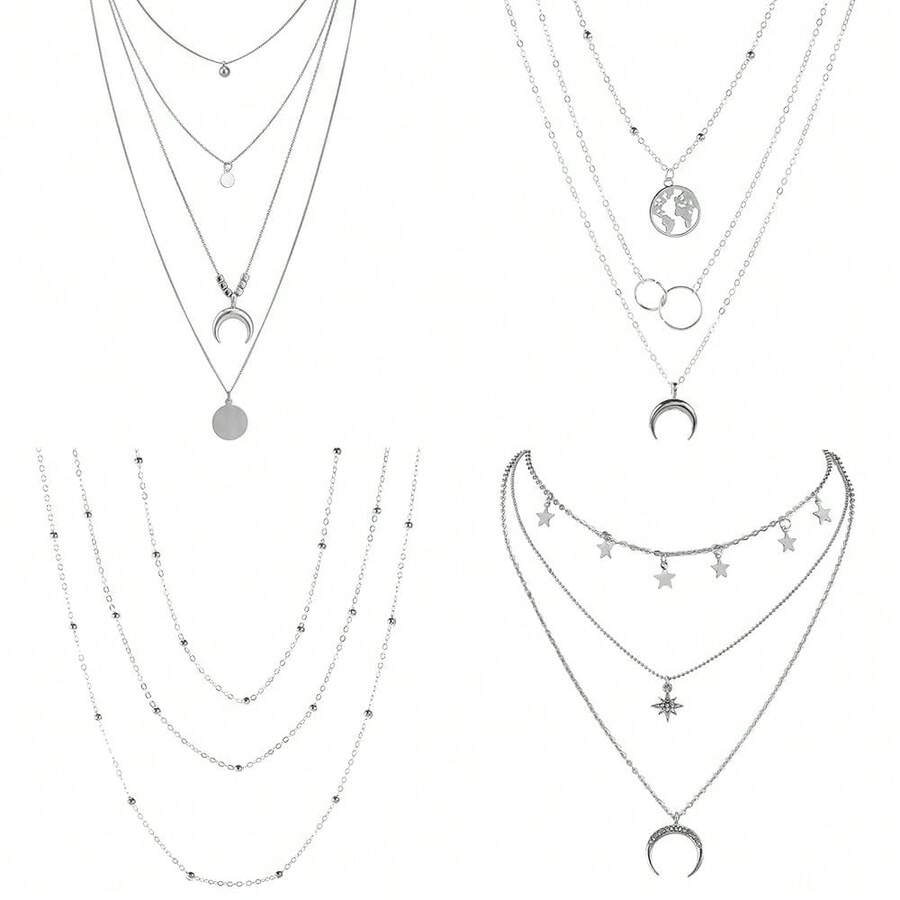 RINHOO FRIENDSHIP 4-6Pcs Multiple Layered Necklaces For Women Choker Necklace With Moon Star Coin Chain Necklace Jewelry For Women - 4件套多款銀項鍊 - 查看 1