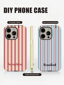 1 pieza Funda de teléfono personalizada minimalista retro con bloques de color y rayas, firma personalizada, nombre exclusivo, combinación de colores, 2 en 1, película brillante, cobertura completa, carcasa dura protectora compatible con iPhone 11/12/13/14/15/16 17 Pro Max - Multicolor - Ver 3