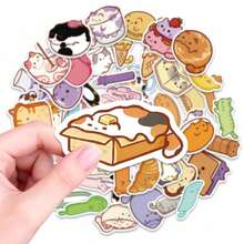 56张可爱猫咪与食物及物品贴纸 - 防水乙烯基贴纸，适用于剪贴簿、手机壳、平板电脑、滑板和DIY工艺品 - 彩色 - 查看 3
