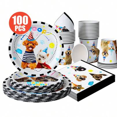 25pcs Cute Puppy Themed Disposable Tableware Set, Including Plates, Napkins, Cups, Suitable For Birthday, Wedding, Party, Family Picnic