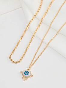 2pcs Fashionable Minimalist Twisted Chain Multi-Layer Necklace With Devil's Eye Copper Pendant For Women - Yellow Gold - View 4
