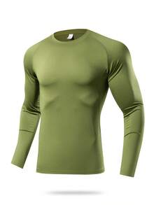 1pc Men's Compression Long Sleeve Fitness Top, Tight Core Workout Base Layer Spring - Olive Green - View 1