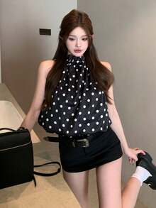 女士法式黑色波点缎面抽绳宽松吊带背心 - 黑色 - 查看 4