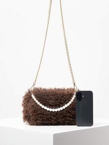 Metall Kette Umhängetasche, Perlen Tasche, Plüsch Geldbörse, elegante Damen Geldbörse, Damen Geschenk, geeignet für Valentinstag, Herbst/Winter, Y2K Stil, einzigartig, süß, täglich, Einkaufen, Dating - Braun - Übersicht 4