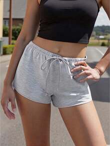 Women Y2K Low Rise Sweat Shorts Summer Cute Low Waist Wide Leg Mini Shorts Casual Basic Drawstring Lounge Shorts - Xám - Xem 1