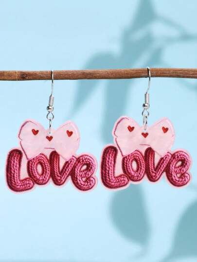 1 par de pendientes de acrílico con diseño de corazón y lazo LOVE, de estilo lindo y de moda, personalizados, para mujer, para uso diario, fiestas y regalos