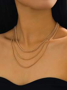 3pcs/Set Women's Herringbone Necklace, Delicate Solid Color Snake Chain Necklace, Minimalist Layered Necklace, Gold Jewelry Gift, Gold Necklace, Women's Jewelry, Stacked Necklace, French Retro Gold Necklace - Gold - View 1