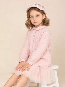 Balabala Tween Girl Shirt Style Mesh Patchwork Dress, Spring 2026 Collection - Red Hue - View 3