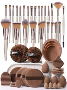 49PCS Makeup Tools Set Including:25PCS Makeup Brush Set+4PCS Makeup Sponges+4PCS Mini Makeup Sponges+4PCS Triangle Powder Puffs+4PCS Mini Air Cushion Powder Puffs+4PCS Circular Powder Puffs+2PCS Makeup Brush Cleaning Tools+2PCS Facial Cleansing Sponges - Brown - View 13