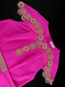 Curvy Women Elegant Midi Mermaid Dress With Sheer Mesh Appliques Rhinestone Belt For Cocktail Party Wedding Guest - Hot Pink - View 5