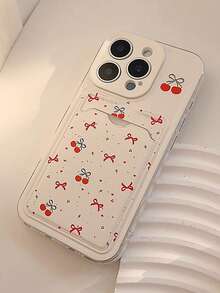 1 pieza Funda de teléfono con tarjetero transparente y diseño de cerezas, diseño clásico, minimalista y de moda, compatible con iPhone 17 Pro Max/16 Pro Max/13/15/16/15 Pro Max/17 Pro/14/11, funda de teléfono con tarjetero transparente y estampado de cerezas de moda - transparente - Ver 2