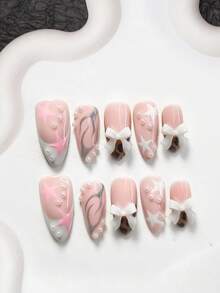 10pcs Desire Law Style Acrylic Nail Art Kit, Includes 3D Bow Decals, Hand-Painted Asymmetrical Pentagram, Pink Pentagram Nail Decorations, White Nail Polish, Nail Tools (1 Jelly Sticker + 1 Nail File), 3 Sizes Available: Almond, Duck Mouth, Coffin, Suitable For Daily, Party, Spring/Summer, Photography, Gaming, Office, Etc. Handmade Press On Nails - 彩色 - 查看 3
