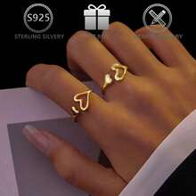 1pc 925 Sterling Silver Minimalist Asymmetric Heart Design Open Ring, Suitable For Daily Wear, Valentine's Day, Holiday, Wedding, Engagement Gift - Gold - View 6