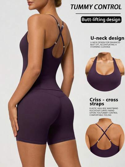 1套女士交叉绑带露背弹力吊带背心和短裤运动服套装