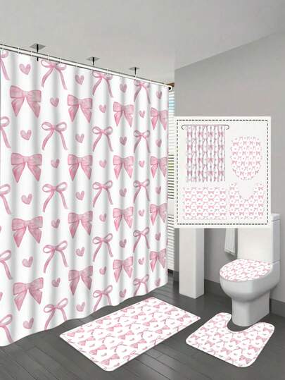 1/4 Piece Pink Bow Pattern Digital Printing Shower Curtain Set, Bathroom & Home Decor, Bathroom Curtains, Free Hooks, Bathroom Decor Set Includes Waterproof Shower Curtain, Non-Slip Rug, Toilet Lid Cover, Bath Mat And 12 Plastic Hooks, Machine Washable, All-Season Jacquard Waterproof Polyester Fabric