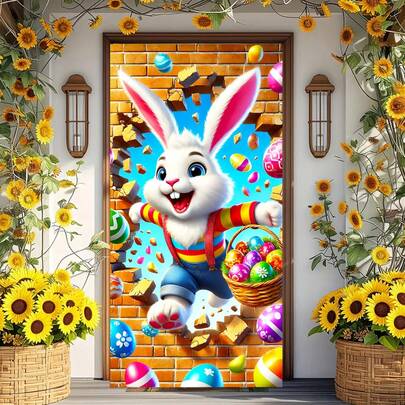 1PC,2D Flat,Easter Rabbit Curtain, Size 35.4x70.8 Inches, Made Of Polyester Material, Suitable For Multifunctional Decoration Of Holiday Parties, Easter Celebrations, Homes, Gardens, Studios, And Outdoor Birthday Parties