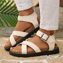 女士时尚厚底坡跟平底搭扣镂空交叉运动凉鞋 - 白色 - 查看 5