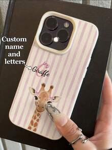 1pc Customizable Letter Combination Name Text With Pink & White Vertical Striped Giraffe Pattern Phone Case, Compatible With IPhone 17 Pro Max/17 Air/16E/16 Pro Max/15/14 Plus/13/12/11, S24/20 Ultra/A52S/A31 A21S/A13/A05S, Compatible With Redmi Note 13 Pro Plus/Note 10/Note 12C/Note 13C, Made Of TPU Material, Personalized & Fashionable Minimalist Design - White - View 4