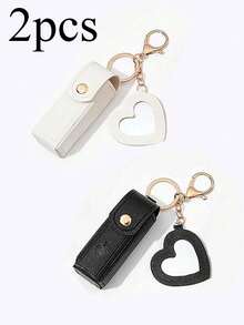 1pc Solid Color PU Leather Lipstick Holder (With Heart-Shaped Mirror) - Women's Makeup Keychain. Back To School Lipstick Holder With Heart-Shaped Mirror, Multiple Colors Available, Women's Makeup Bag, Heart-Shaped Bag Charm Fashion Keychain Pendant, Wallet, Handbag, Bag Accessory. Suitable For Parties, Weddings And Dances. Make Up Bag - White - View 25