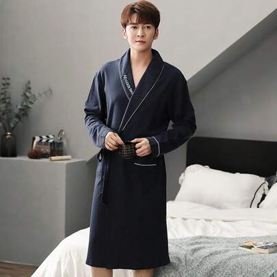 Men's Lightweight Long Sleeve Robe, Loose Fit Tie Waist Sleepwear, Mid-Length Bathrobe Loungewear, Spring/Autumn Bathroom Decor