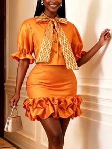 Women Chic Two Pieces Set Orange Bow Tie Puff Sleeves Tops And Ruffled Mini Skirt For Elegant Occasions Ladies 2pcs Outfits - Orange - View 7