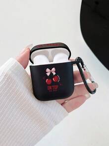 1pc Black Matte Butterfly & Cherry Print Protective Case With Black Hook, Compatible With Apple Bluetooth Earphones (Earphones Not Included) - Multicolor - View 7