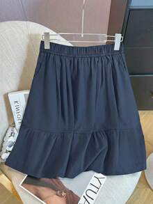 Japanese Style Casual Black A-Line Skirt With Pockets, Minimalist Design, Age-Reducing Skirt Spring - Navy Blue - View 8