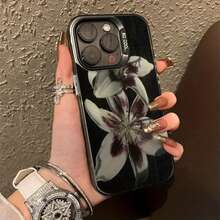 Ölgemälde Lilienblume Retro Muster Handyhülle für iPhone 16 15 14 17 Air Pro Max 16E 13 12 11 7 8 SE 2022 Stoßfeste Hülle - Durchscheinend Schwarz 2 - Übersicht 8