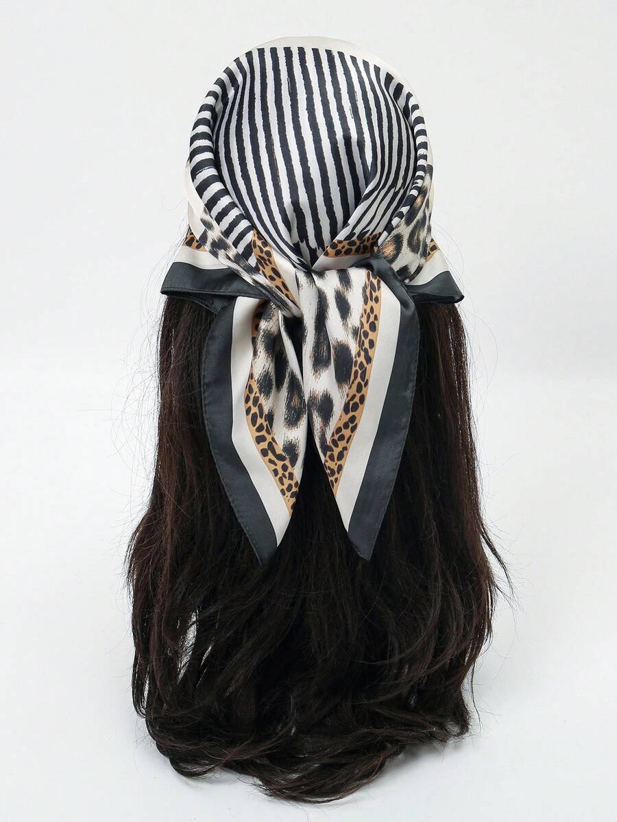 1pc Women Bandana With Leopard Print & Geometric Pattern - Multicolor - View 1