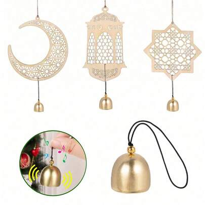 Bộ 6 mặt dây chuyền gỗ trang trí, trang trí chúc mừng Ramadan, mặt dây chuyền hình trăng sao kèm chuông gió vàng, lý tưởng cho trang trí nhà cửa Ramadan, trang trí tường, phông nền tiệc, trang trí ngày lễ, Eid và Ramadan.