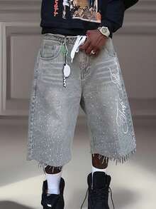 Men's Summer Casual Denim Shorts Knee Length  Letter Embroidered Rhinestone Jeans Shorts - 淺灰色 - 查看 8