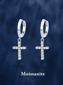 2pcs Minimalist 925 Sterling Silver 0.8ct Moissanite Cross Earrings, Suitable For Women's Daily Wear, Party, Valentine's Day, Mother's Day, Birthday, Wedding Anniversary, Women's Jewelry Gift - EH0011M - View 1