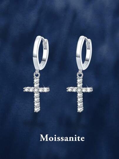2只简约925纯银0.8克拉莫桑石十字耳环，适合女性日常佩戴、派对、情人节、母亲节、生日、结婚纪念日等场合，是馈赠佳品。