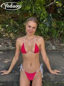 两件套波点系带高衩比基尼泳衣，性感可爱，适合夏季海滩度假，露背系带设计，全身印花，适合复活节、圣帕特里克节、外出、毕业典礼等场合，优雅白色 - 紅白色 - 查看 2