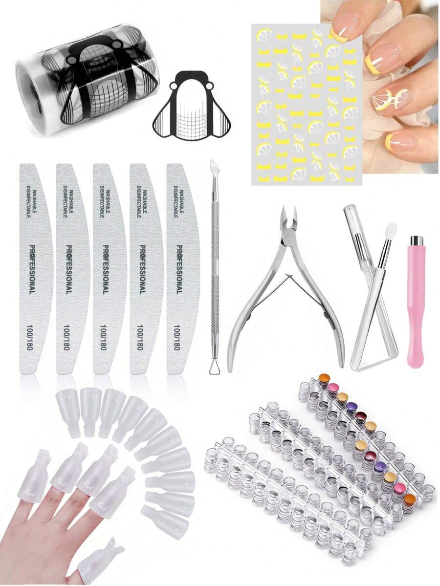 不锈钢角质层推棒、双面指甲锉、指甲打磨器、美甲护理工具、专业灰白指甲抛光块、磁性美甲棒、柠檬香蕉香味美甲贴纸、3D水果美甲贴纸 - 彩色 - 查看 1