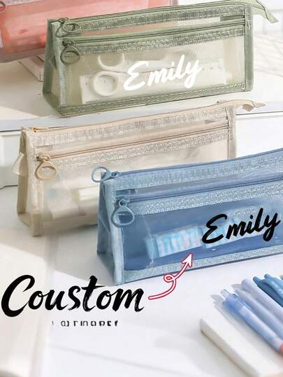 1pc Customized Transparent Pencil Case, Zippered Mesh Pencil Bag With Personalized Printing, Fashionable Minimalist Pencil Pouch, Large Capacity Breathable Mesh, Multi-Purpose Zipper Bag, Transparent Stationery Storage Bag Suitable For School And Office, Fashionable And Beautiful Gift For Girls, Teenagers And Students, Perfect For Back To School And Birthday
