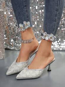 New Spring/Autumn Korean Style Minimalist Crystal & Faux Pearl Pointed Toe High Heel Pumps, Rhinestone Slim Stiletto Elegant Dress Shoes For Women - Silver - View 2