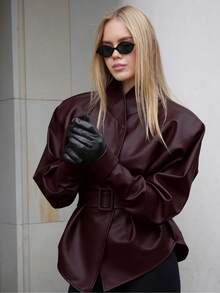 New Spring/Autumn Retro Motorcycle Style Stand Collar Leather Jacket, Fashionable And  Mid-Length Lace-Up Coat - Màu Đỏ Sâu - Xem 4