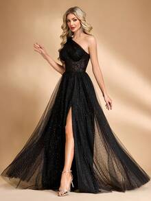 Women's Asymmetric One Shoulder Mesh Formal Evening Gown (Heavily Embellished) - Black - View 6