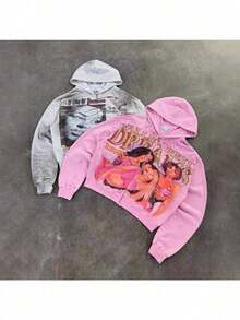 Men's Retro Y2k High Street Hooded Sweatshirt Cardigan Washed Old Couple Men's And Women's Same Style  Hooded Cardigan Sweatshirt - 粉色 - 查看 2