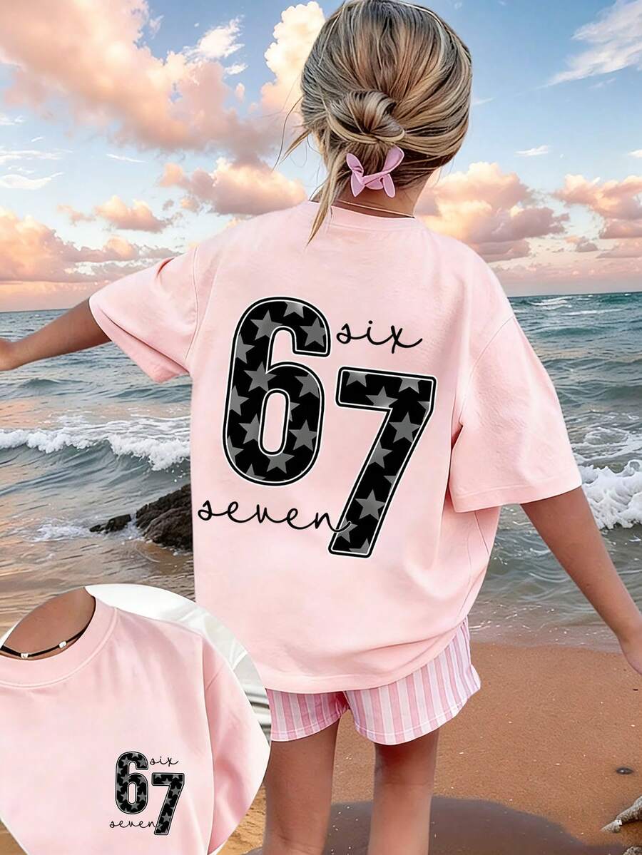 少女星元素六七67卡通印花T恤，时尚百搭休闲上衣，适合女孩日常休闲穿着 - 粉色 - 查看 1