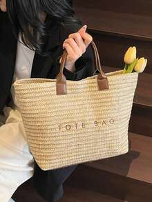 Large Capacity Casual Vacation Straw Tote Bag Minimalist Elegant Women's Shoulder Handbag - Coffee - View 3