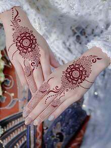 2 Sheets Of Valentine's Day/Ramadan Henna Temporary Tattoo Stickers, Red Lace Flower Gyro Henna Pattern, Fashionable Hand Nail Art Fake Tattoo, Plant Fake Tattoo - Temporary Tattoo - Popular And Suitable For Birthdays, Weddings, Party Decorations, Lasts 3-5 Days. - Red - View 7