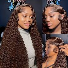 Uveous Chocolate Brown 13X4 Deep Wave Lace Front Wigs Human Hair 200 Density 13x4 HD Lace Frontal Wigs Deep Curly Human Hair Wig For Women Pre Plucked With Baby Hair Natural Hairline 4# Brown Color - 4# - 查看 6